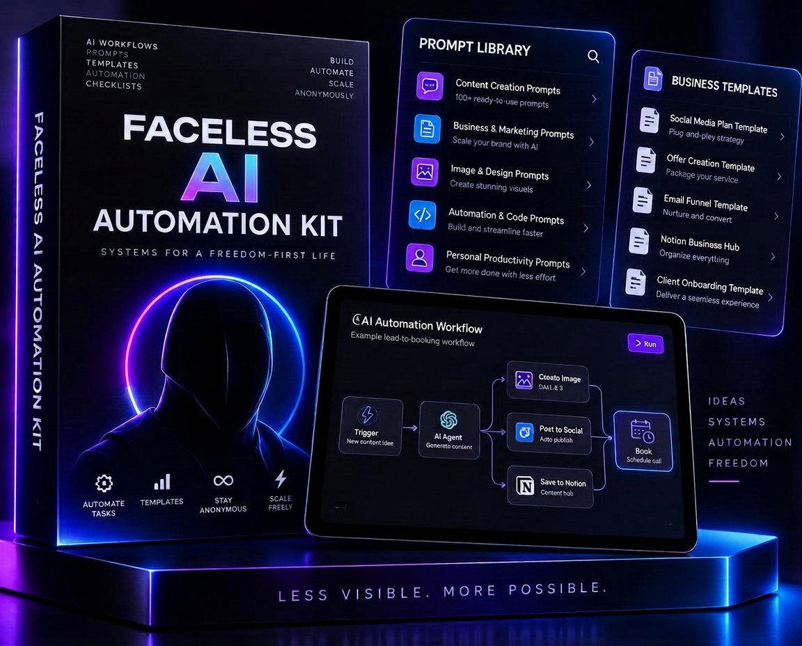 Mockup of the Faceless AI Automation Kit: playbook, workflow diagram, prompt library and templates